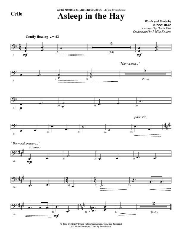 Asleep In The Hay (Choral Anthem SATB) Cello (Word Music Choral / Arr. David Wise)