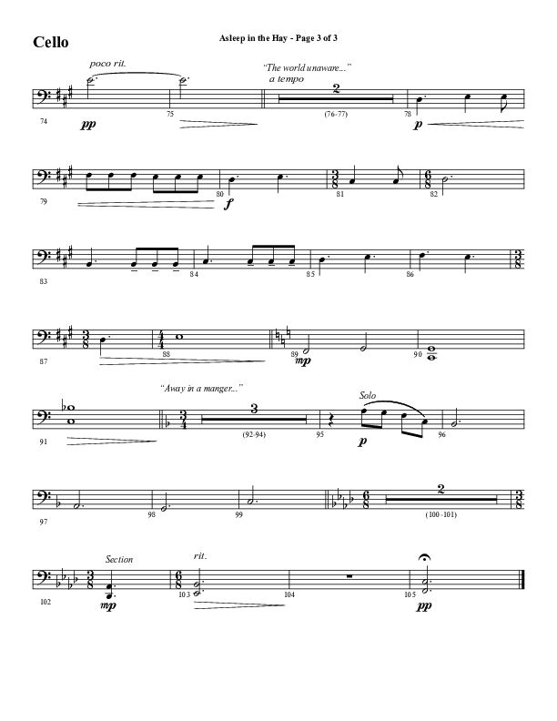 Asleep In The Hay (Choral Anthem SATB) Cello (Word Music Choral / Arr. David Wise)