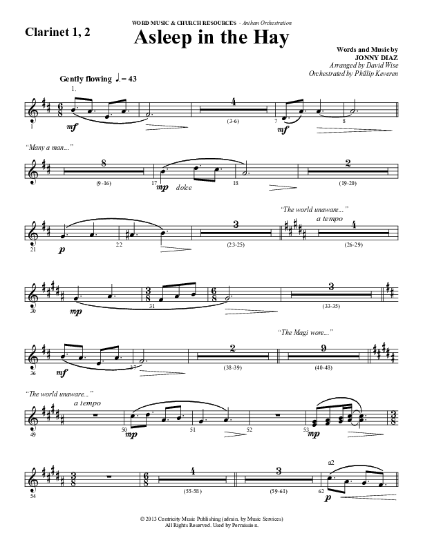 Asleep In The Hay (Choral Anthem SATB) Clarinet 1/2 (Word Music Choral / Arr. David Wise)