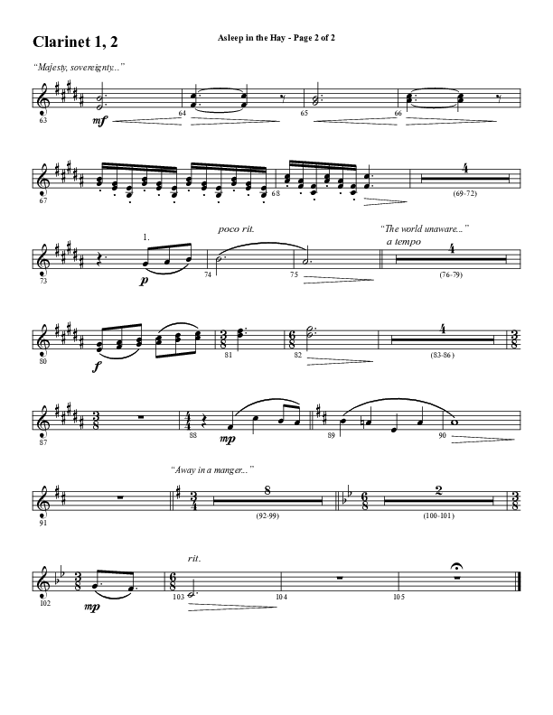 Asleep In The Hay (Choral Anthem SATB) Clarinet 1/2 (Word Music Choral / Arr. David Wise)