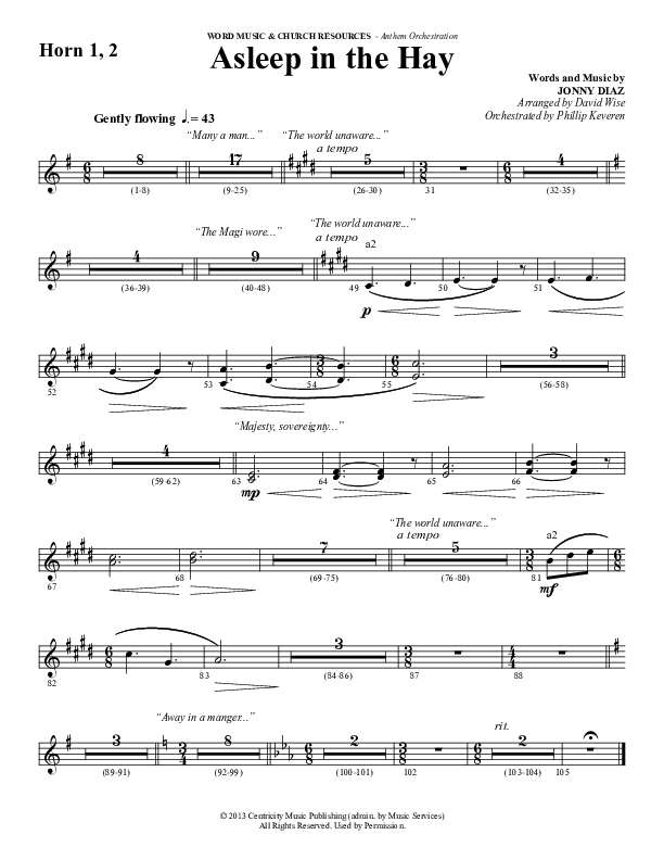 Asleep In The Hay (Choral Anthem SATB) French Horn 1/2 (Word Music Choral / Arr. David Wise)