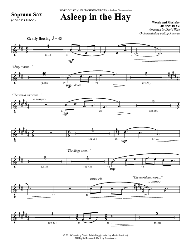 Asleep In The Hay (Choral Anthem SATB) Soprano Sax (Word Music Choral / Arr. David Wise)