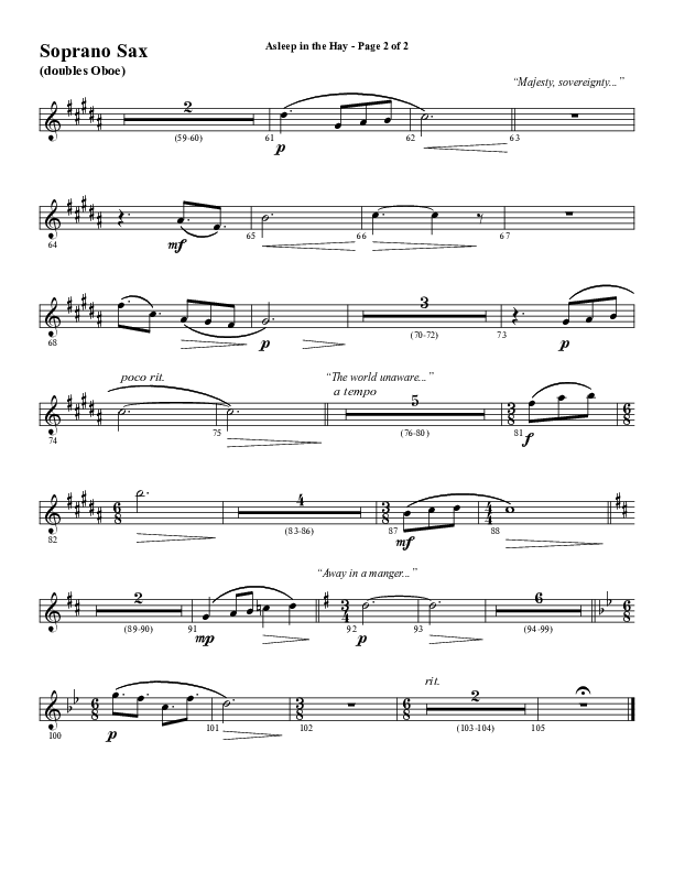 Asleep In The Hay (Choral Anthem SATB) Soprano Sax (Word Music Choral / Arr. David Wise)