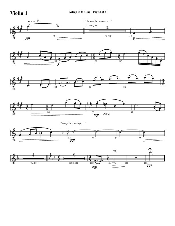 Asleep In The Hay (Choral Anthem SATB) Violin 1 (Word Music Choral / Arr. David Wise)