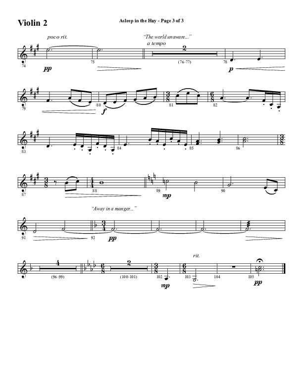 Asleep In The Hay (Choral Anthem SATB) Violin 2 (Word Music Choral / Arr. David Wise)