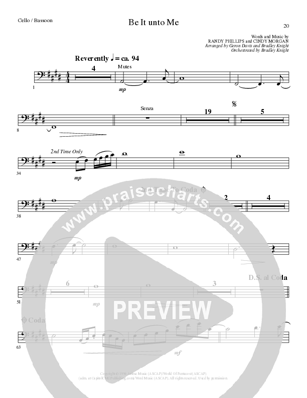 Be It Unto Me (Choral Anthem SATB) Cello (Lillenas Choral / Arr. Geron Davis / Arr. Bradley Knight)