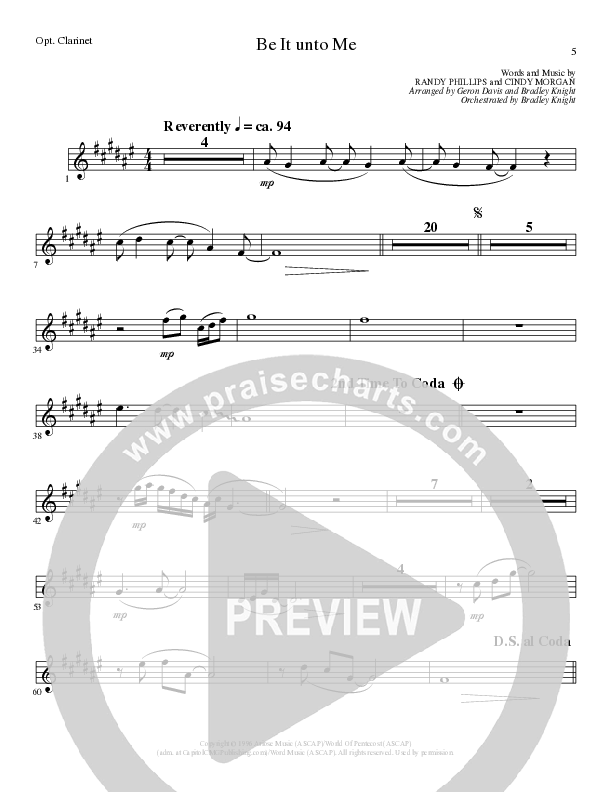 Be It Unto Me (Choral Anthem SATB) Clarinet (Lillenas Choral / Arr. Geron Davis / Arr. Bradley Knight)