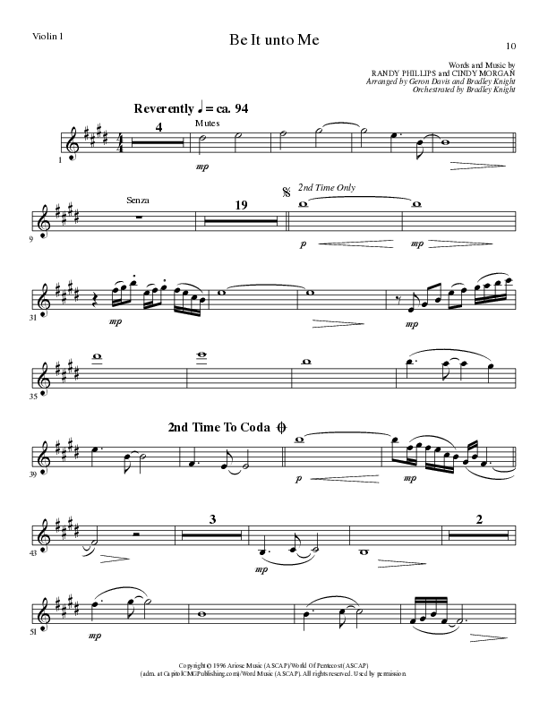 Be It Unto Me (Choral Anthem SATB) Violin 1 (Lillenas Choral / Arr. Geron Davis / Arr. Bradley Knight)