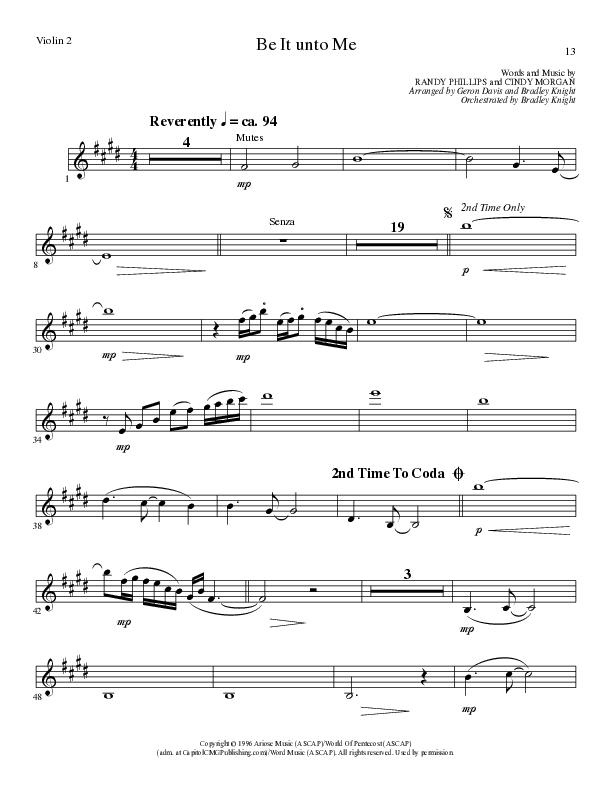 Be It Unto Me (Choral Anthem SATB) Violin 2 (Lillenas Choral / Arr. Geron Davis / Arr. Bradley Knight)