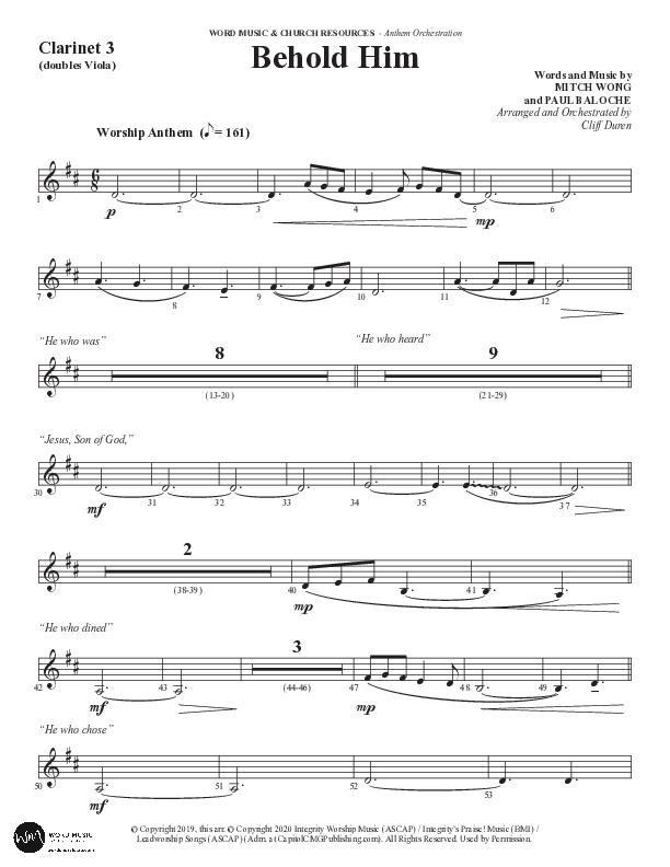 Behold Him (Choral Anthem SATB) Clarinet 3 (Word Music Choral / Arr. Cliff Duren)