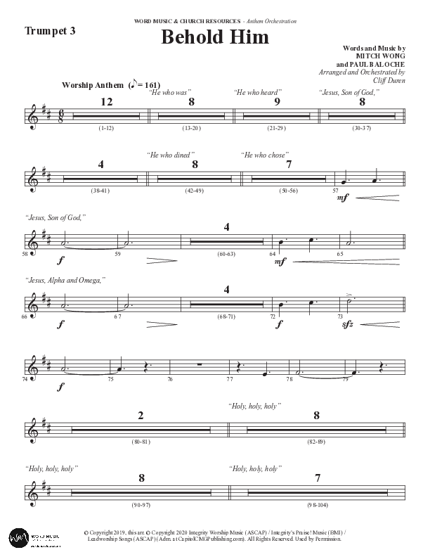 Behold Him (Choral Anthem SATB) Trumpet 3 (Word Music Choral / Arr. Cliff Duren)