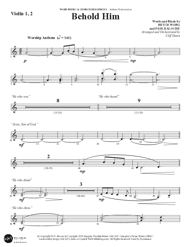 Behold Him (Choral Anthem SATB) Violin 1/2 (Word Music Choral / Arr. Cliff Duren)