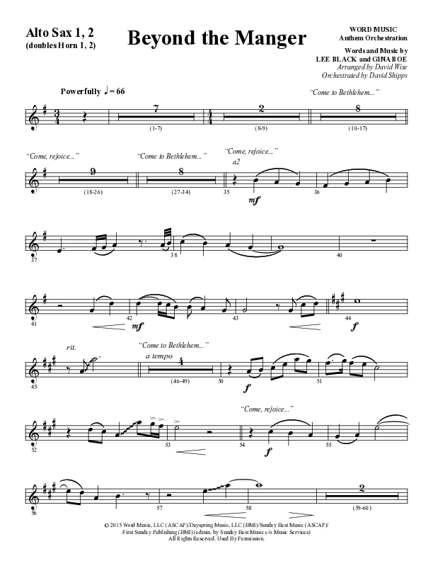 Beyond The Manger (Choral Anthem SATB) Alto Sax 1/2 (Word Music Choral / Arr. David Wise / Orch. David Shipps)