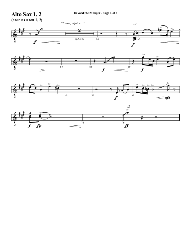 Beyond The Manger (Choral Anthem SATB) Alto Sax 1/2 (Word Music Choral / Arr. David Wise / Orch. David Shipps)