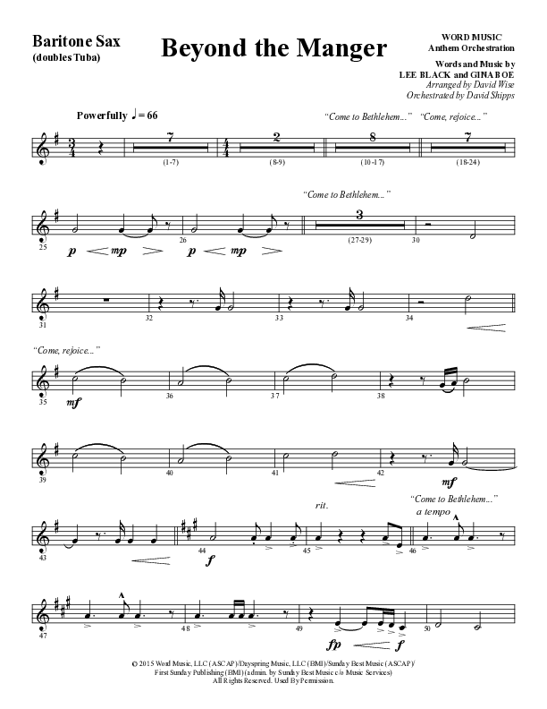Beyond The Manger (Choral Anthem SATB) Bari Sax (Word Music Choral / Arr. David Wise / Orch. David Shipps)