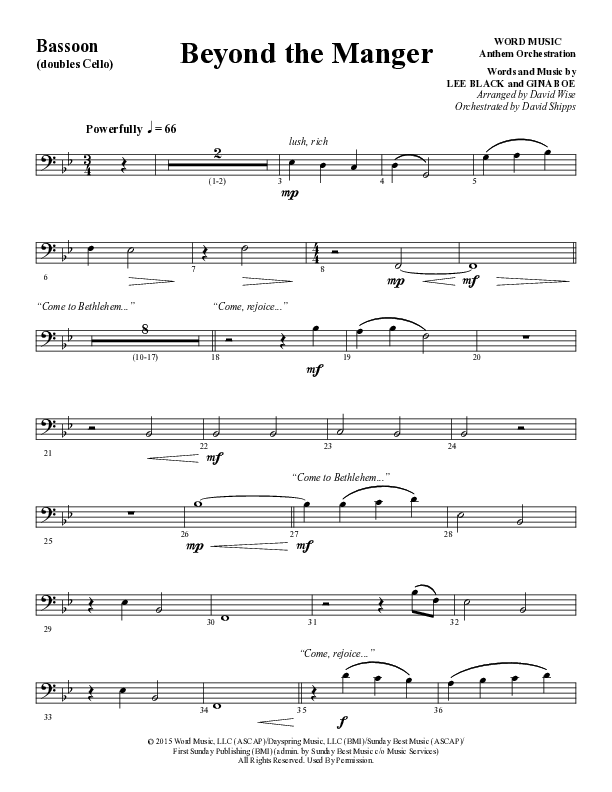 Beyond The Manger (Choral Anthem SATB) Bassoon (Word Music Choral / Arr. David Wise / Orch. David Shipps)