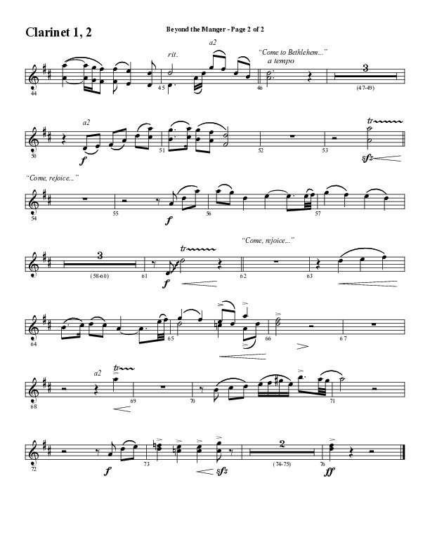 Beyond The Manger (Choral Anthem SATB) Clarinet 1/2 (Word Music Choral / Arr. David Wise / Orch. David Shipps)