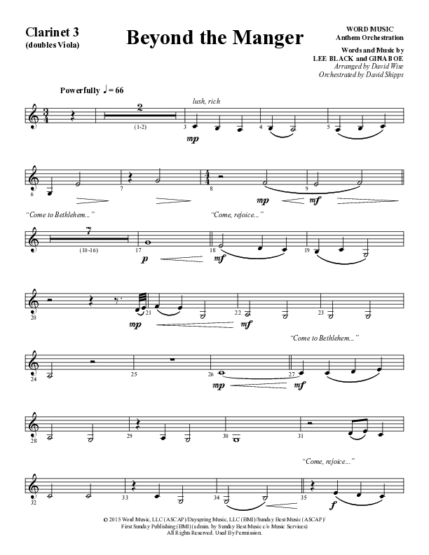 Beyond The Manger (Choral Anthem SATB) Clarinet 3 (Word Music Choral / Arr. David Wise / Orch. David Shipps)