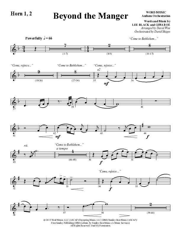 Beyond The Manger (Choral Anthem SATB) French Horn 1/2 (Word Music Choral / Arr. David Wise / Orch. David Shipps)