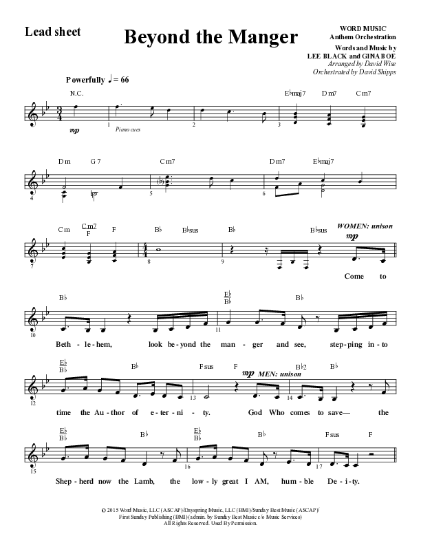 Beyond The Manger (Choral Anthem SATB) Lead Sheet (Melody) (Word Music Choral / Arr. David Wise / Orch. David Shipps)