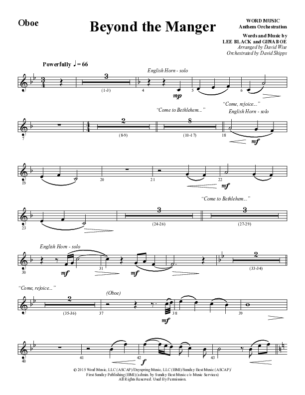 Beyond The Manger (Choral Anthem SATB) Oboe (Word Music Choral / Arr. David Wise / Orch. David Shipps)
