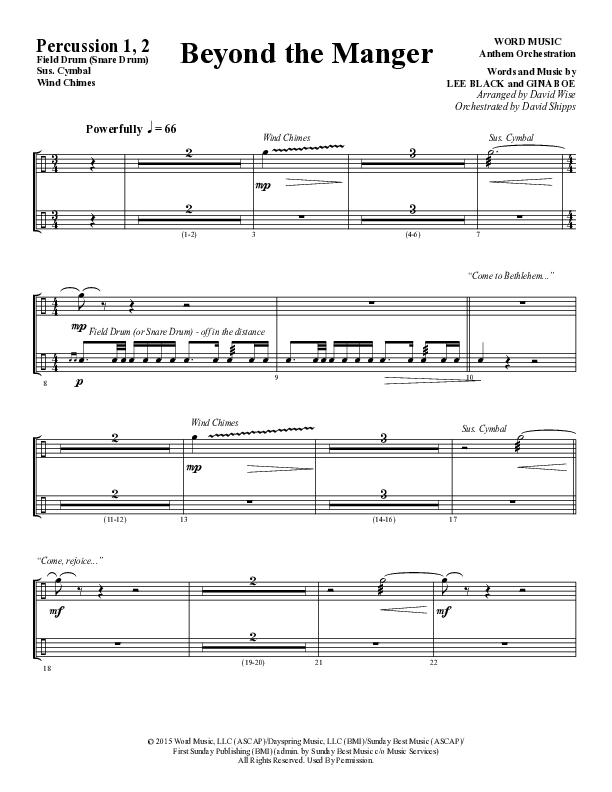 Beyond The Manger (Choral Anthem SATB) Percussion 1/2 (Word Music Choral / Arr. David Wise / Orch. David Shipps)