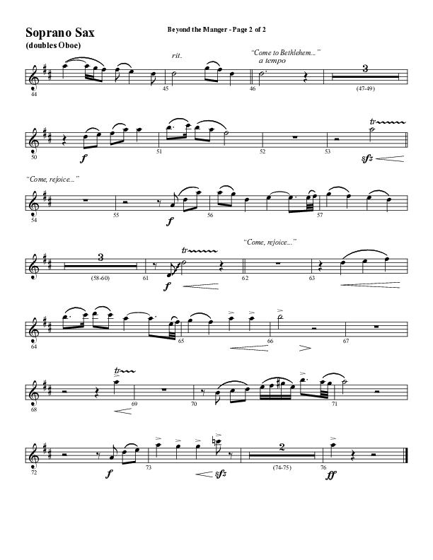 Beyond The Manger (Choral Anthem SATB) Soprano Sax (Word Music Choral / Arr. David Wise / Orch. David Shipps)