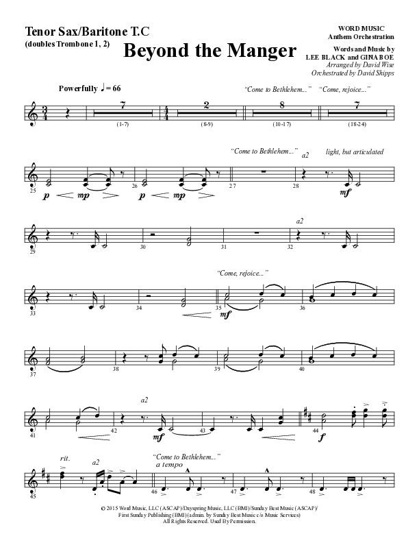 Beyond The Manger (Choral Anthem SATB) Tenor Sax/Baritone T.C. (Word Music Choral / Arr. David Wise / Orch. David Shipps)