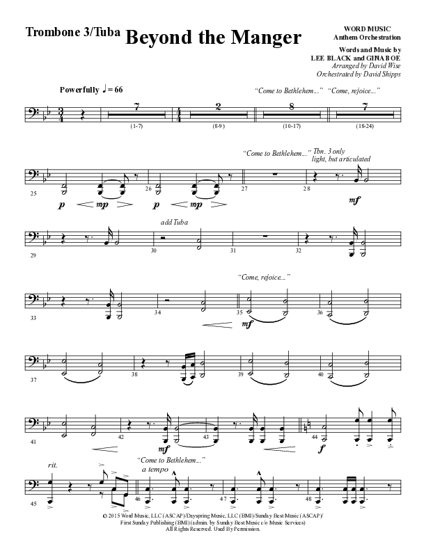Beyond The Manger (Choral Anthem SATB) Trombone 3/Tuba (Word Music Choral / Arr. David Wise / Orch. David Shipps)