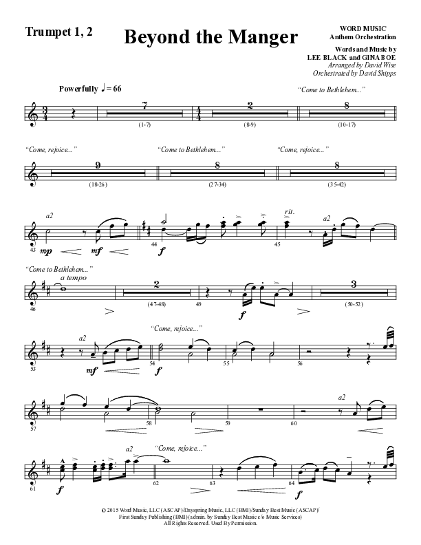 Beyond The Manger (Choral Anthem SATB) Trumpet 1,2 (Word Music Choral / Arr. David Wise / Orch. David Shipps)