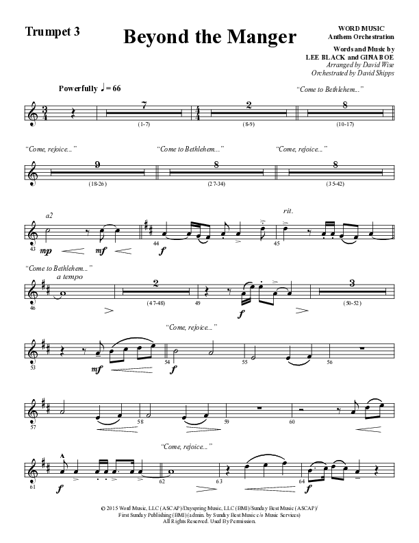 Beyond The Manger (Choral Anthem SATB) Trumpet 3 (Word Music Choral / Arr. David Wise / Orch. David Shipps)