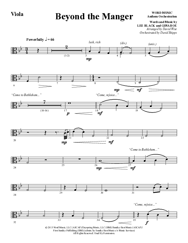 Beyond The Manger (Choral Anthem SATB) Viola (Word Music Choral / Arr. David Wise / Orch. David Shipps)