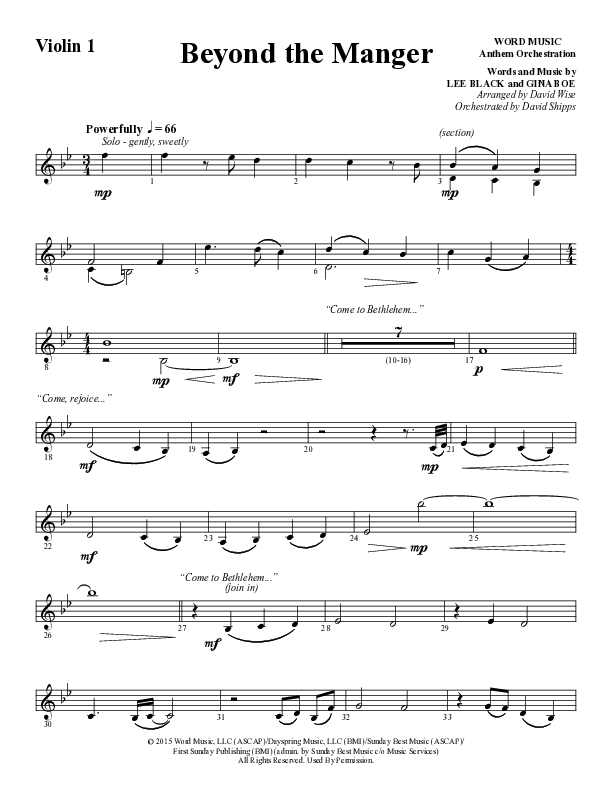 Beyond The Manger (Choral Anthem SATB) Violin 1 (Word Music Choral / Arr. David Wise / Orch. David Shipps)