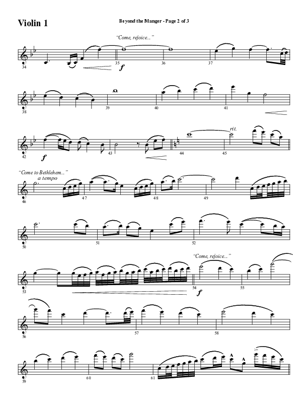 Beyond The Manger (Choral Anthem SATB) Violin 1 (Word Music Choral / Arr. David Wise / Orch. David Shipps)