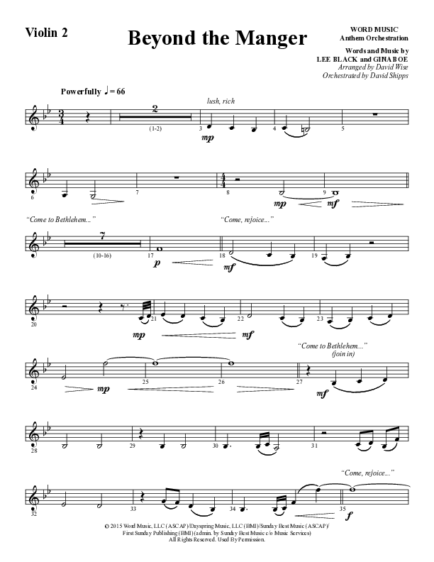 Beyond The Manger (Choral Anthem SATB) Violin 2 (Word Music Choral / Arr. David Wise / Orch. David Shipps)