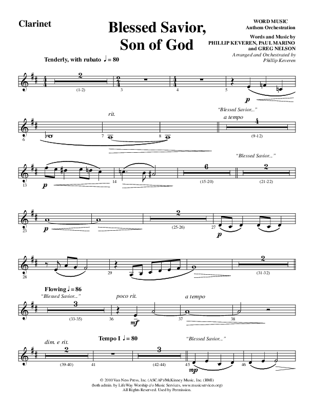Blessed Savior Son Of God (Choral Anthem SATB) Clarinet 1/2 (Word Music Choral / Arr. Phillip Keveren)