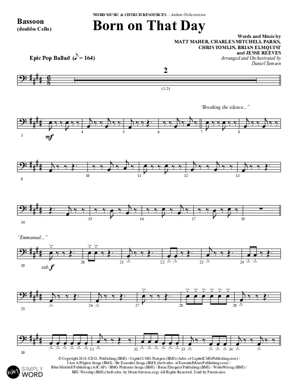 Born On That Day (Choral Anthem SATB) Bassoon (Word Music Choral / Arr. Daniel Semsen)