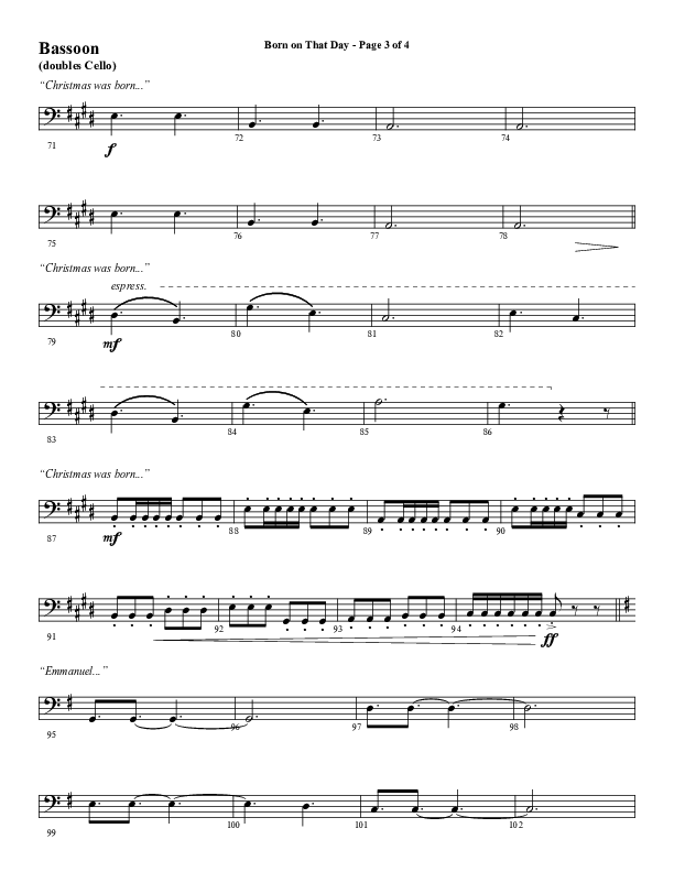 Born On That Day (Choral Anthem SATB) Bassoon (Word Music Choral / Arr. Daniel Semsen)