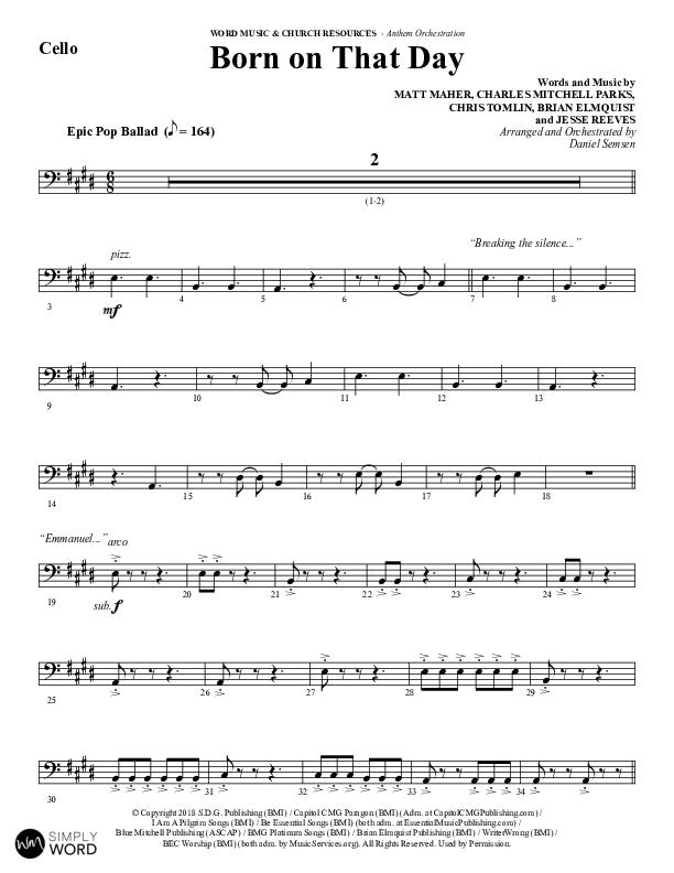 Born On That Day (Choral Anthem SATB) Cello (Word Music Choral / Arr. Daniel Semsen)