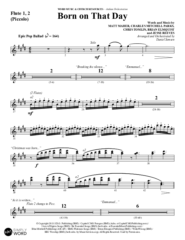 Born On That Day (Choral Anthem SATB) Flute 1/2 (Word Music Choral / Arr. Daniel Semsen)