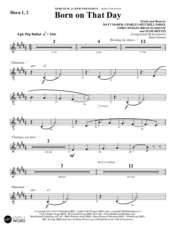 Born On That Day (Choral Anthem SATB) French Horn 1/2 (Word Music Choral / Arr. Daniel Semsen)