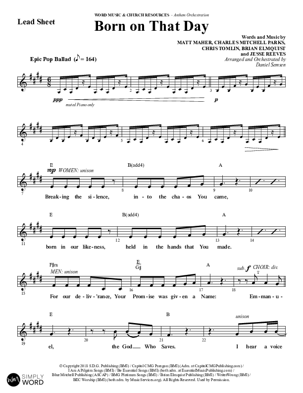 Born On That Day (Choral Anthem SATB) Lead Sheet (Melody) (Word Music Choral / Arr. Daniel Semsen)