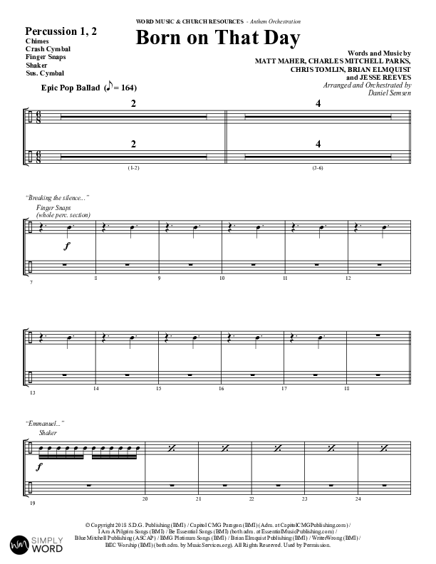 Born On That Day (Choral Anthem SATB) Percussion 1/2 (Word Music Choral / Arr. Daniel Semsen)