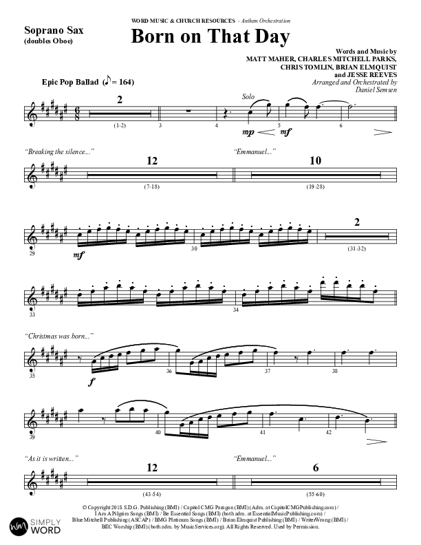 Born On That Day (Choral Anthem SATB) Soprano Sax (Word Music Choral / Arr. Daniel Semsen)