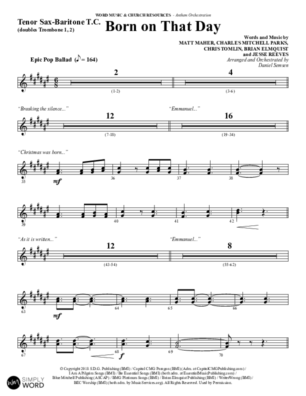 Born On That Day (Choral Anthem SATB) Tenor Sax/Baritone T.C. (Word Music Choral / Arr. Daniel Semsen)