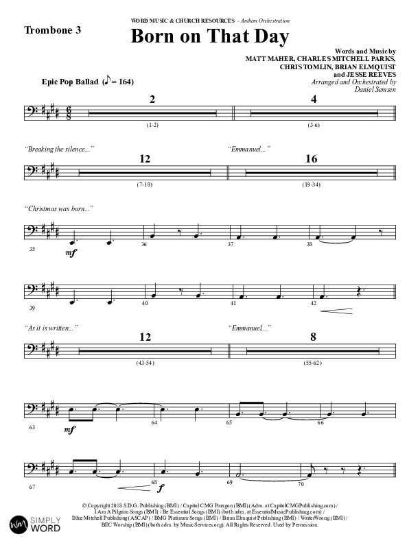 Born On That Day (Choral Anthem SATB) Trombone 3 (Word Music Choral / Arr. Daniel Semsen)