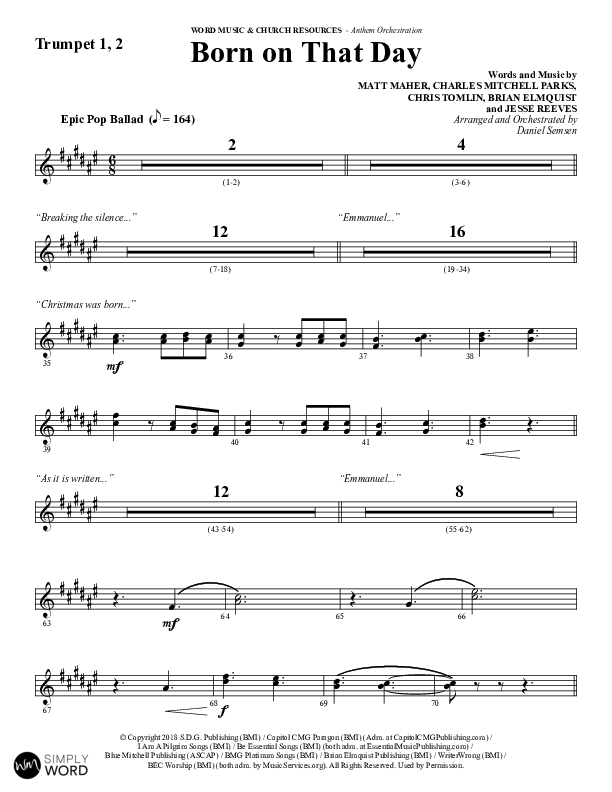 Born On That Day (Choral Anthem SATB) Trumpet 1,2 (Word Music Choral / Arr. Daniel Semsen)