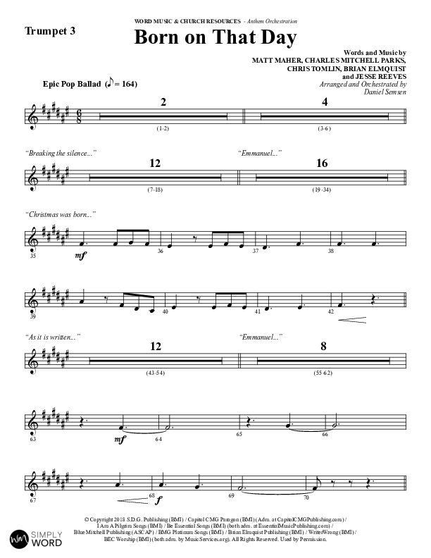 Born On That Day (Choral Anthem SATB) Trumpet 3 (Word Music Choral / Arr. Daniel Semsen)