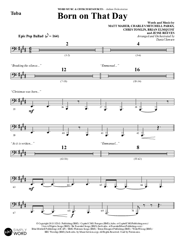 Born On That Day (Choral Anthem SATB) Tuba (Word Music Choral / Arr. Daniel Semsen)