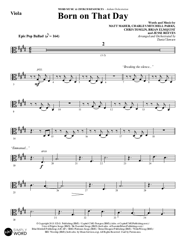 Born On That Day (Choral Anthem SATB) Viola (Word Music Choral / Arr. Daniel Semsen)